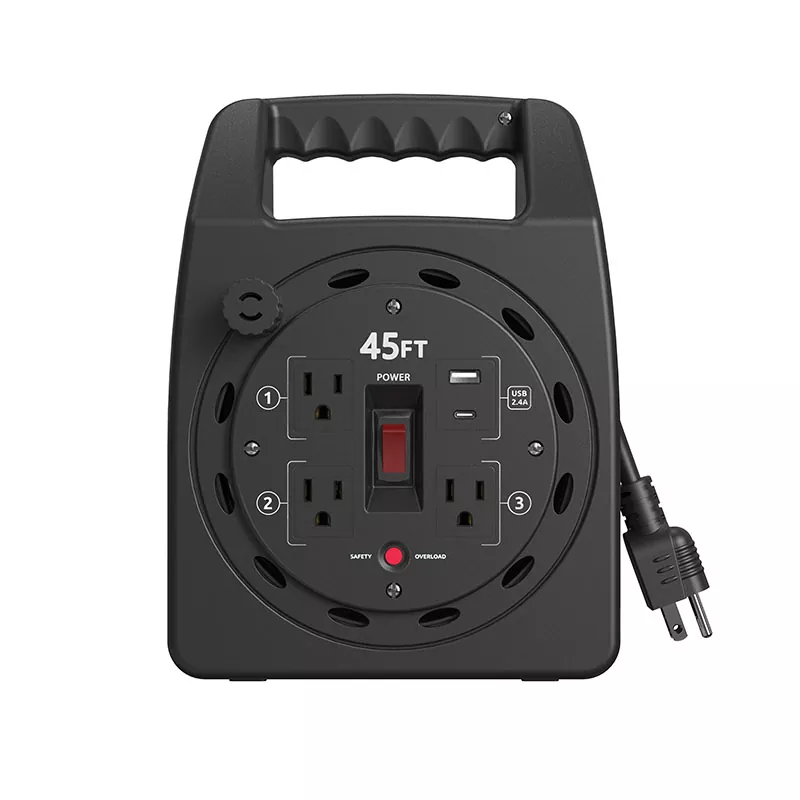 ওভারলোড সুরক্ষা সহ 3টি আউটলেট Usb2.4a প্লাস্টিক কর্ড রিল 45ft ওভারলোড সুরক্ষা সহ 3টি আউটলেট Usb2.4a প্লাস্টিক কর্ড রিল 45ft