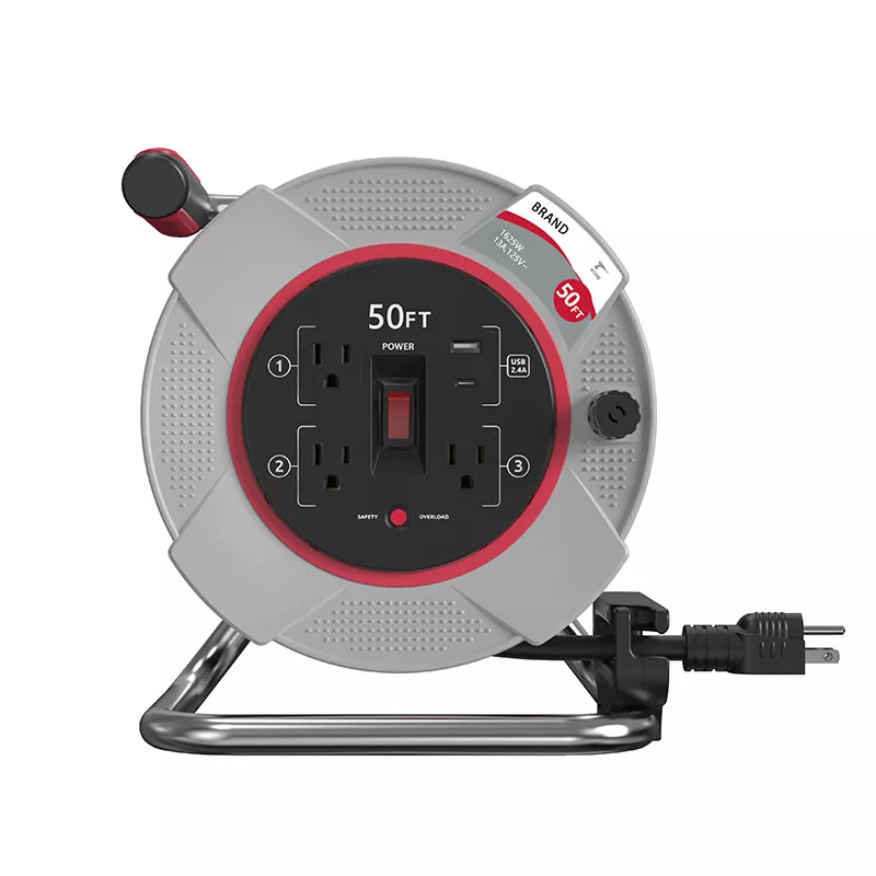 ওভারলোড সুরক্ষা সহ 3টি আউটলেট Usb2.4a প্লাস্টিক কর্ড রিল 50ft ওভারলোড সুরক্ষা সহ 3টি আউটলেট Usb2.4a প্লাস্টিক কর্ড রিল 50ft
